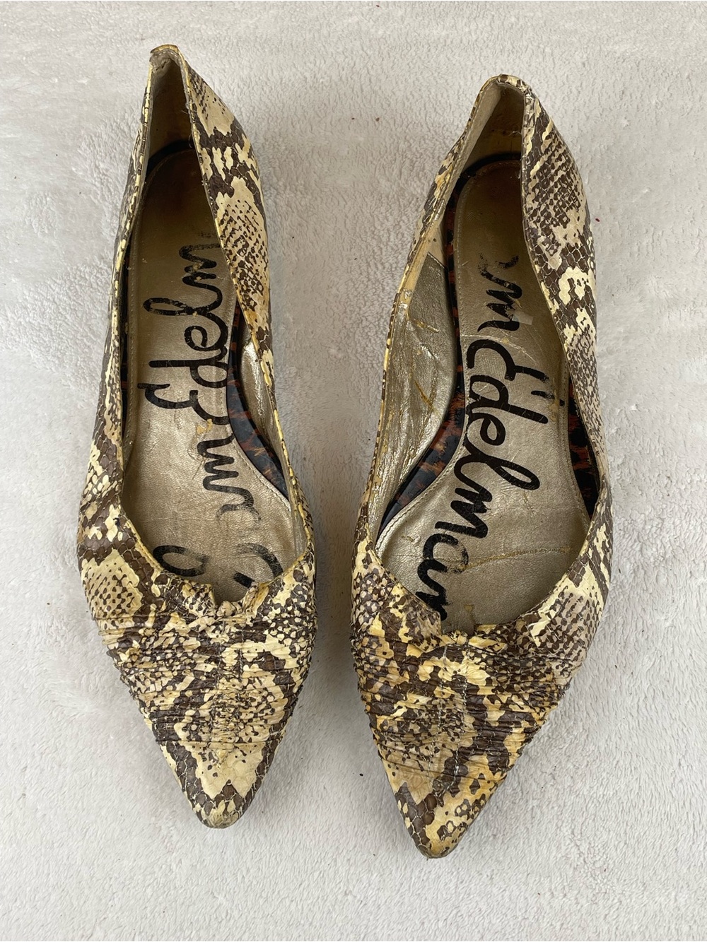 Balmain Pointed Toe Snake-Print Flats — Cream & Brown